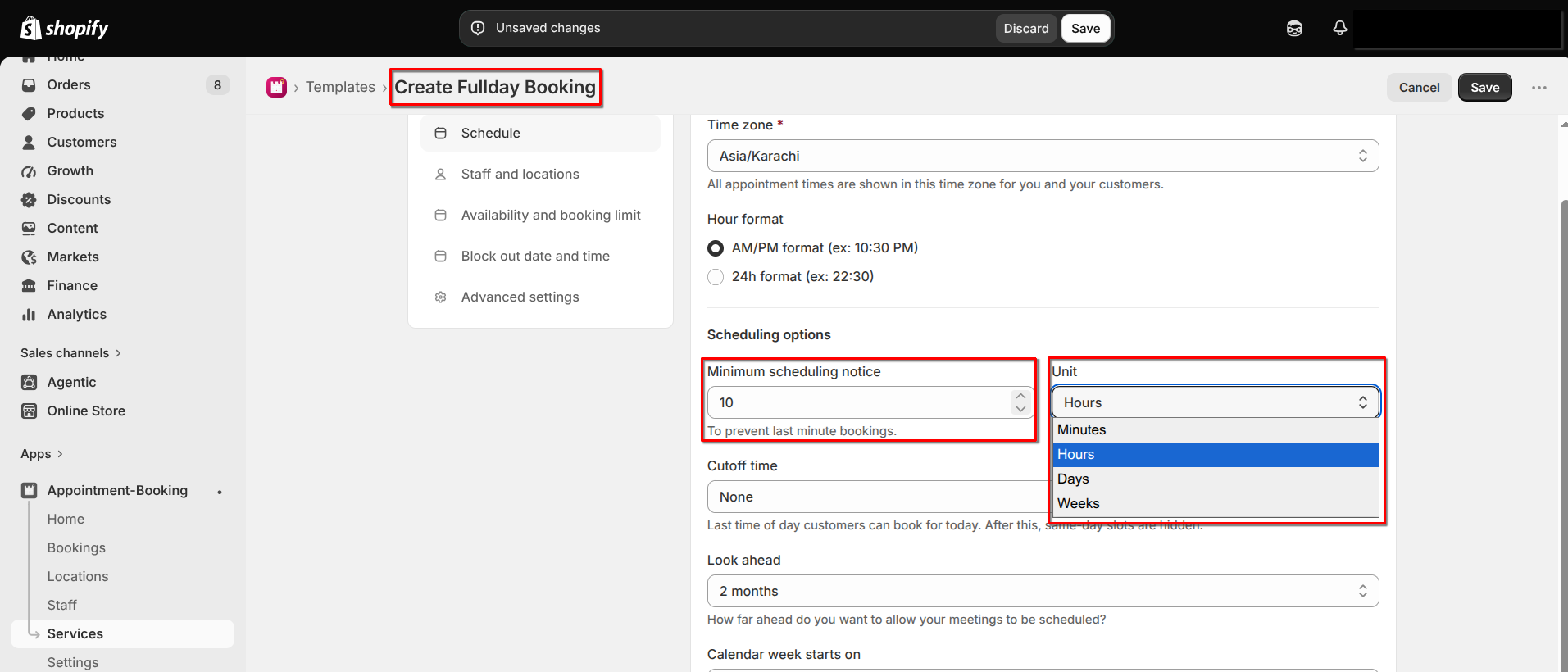 Schedule tab for a Fullday Booking service with Time zone, Hour format, Minimum scheduling notice, and Unit fields highlighted